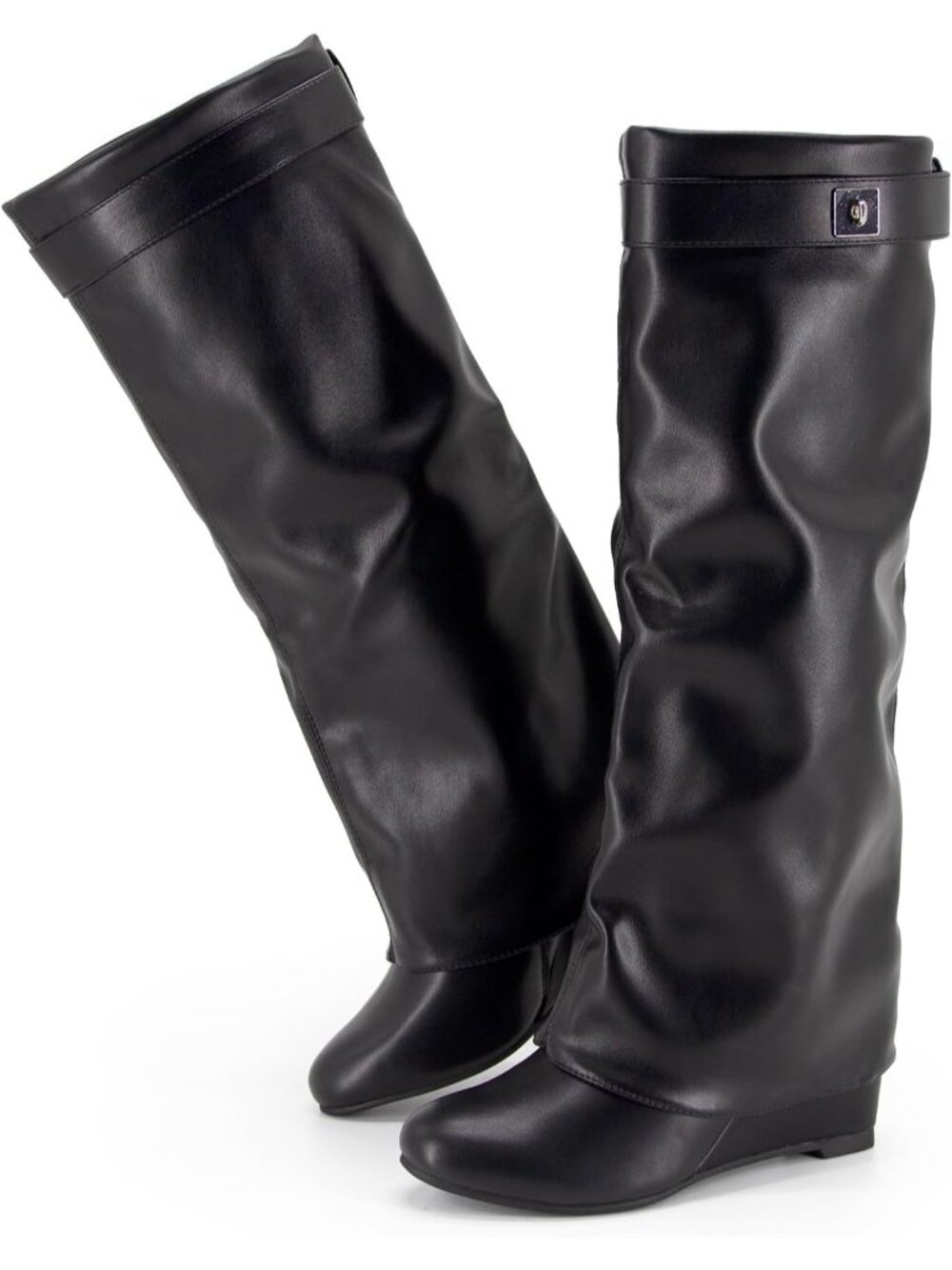 Women's Black Pointed Toe Wedge Heel Comfortable Fold Over Knee High Shark Boot